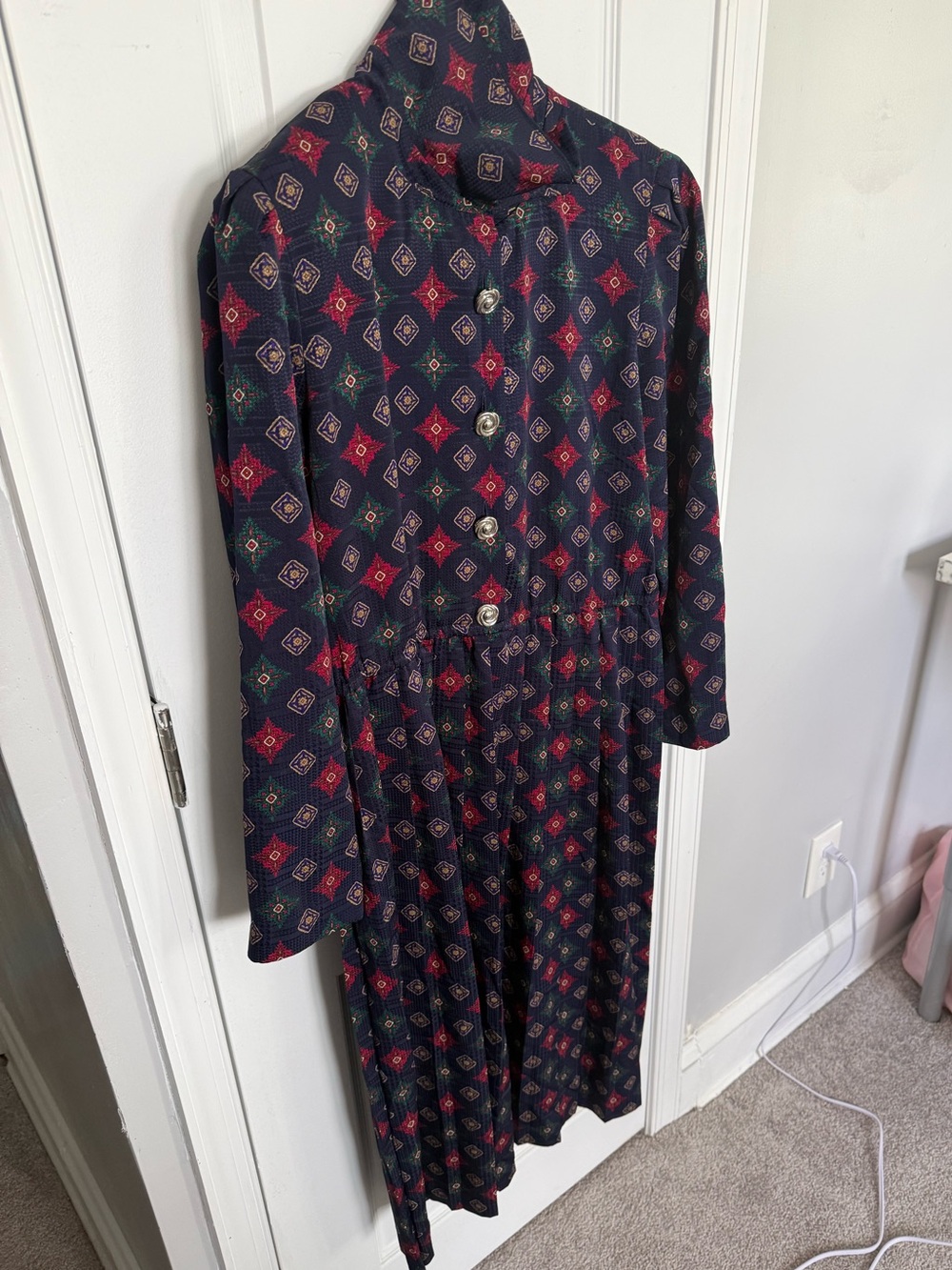 Leslie Fay Navy Long-Sleeve Dress with Red & Green Geometric Print